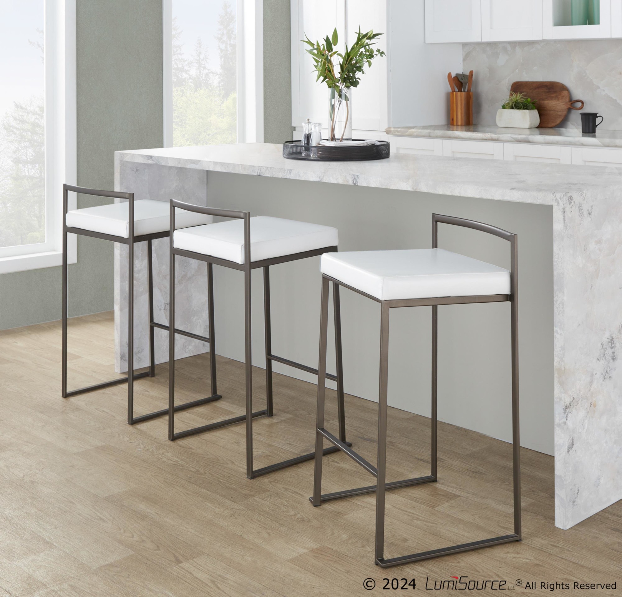 Fuji Industrial Antique White Faux Leather Counter Stools (Set of 2) 3 Fuji Industrial Antique White Faux Leather Counter Stools (Set of 2) - Image 3