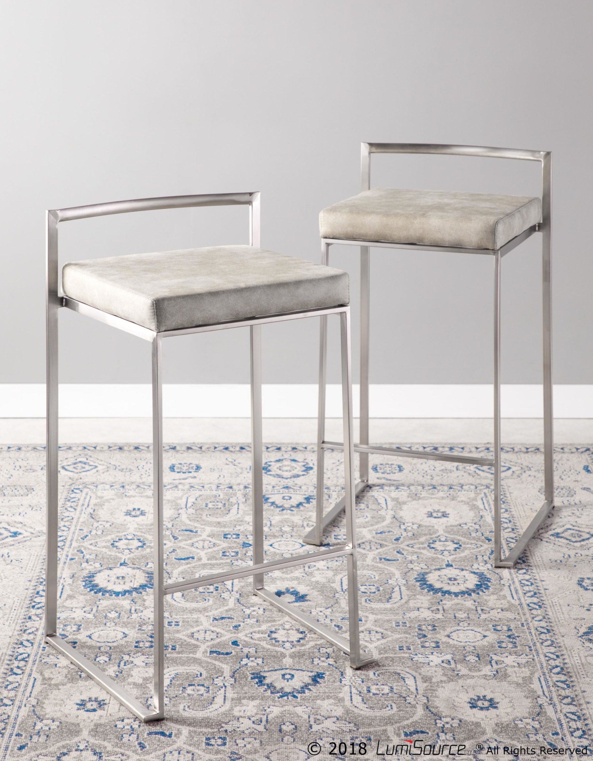 Fuji Light Grey Cowboy Fabric Contemporary Counter Stool (Set of 2) 2 Fuji Light Grey Cowboy Fabric Contemporary Counter Stool (Set of 2) - Image 2