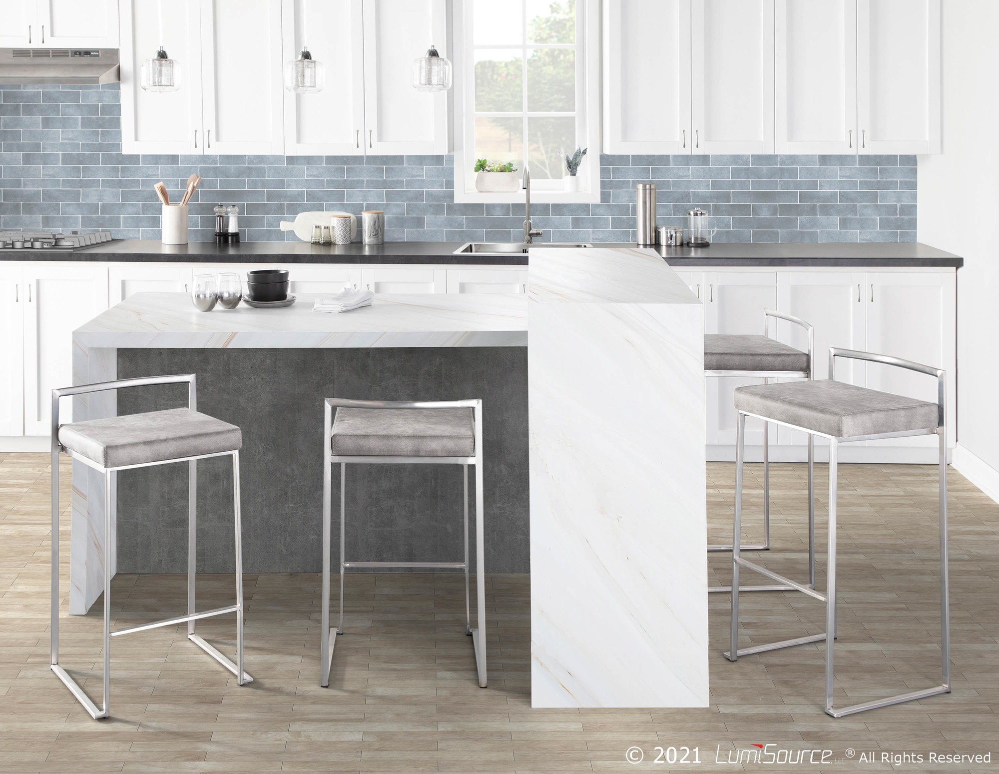 Fuji Light Grey Cowboy Fabric Contemporary Counter Stool (Set of 2) 3 Fuji Light Grey Cowboy Fabric Contemporary Counter Stool (Set of 2) - Image 3