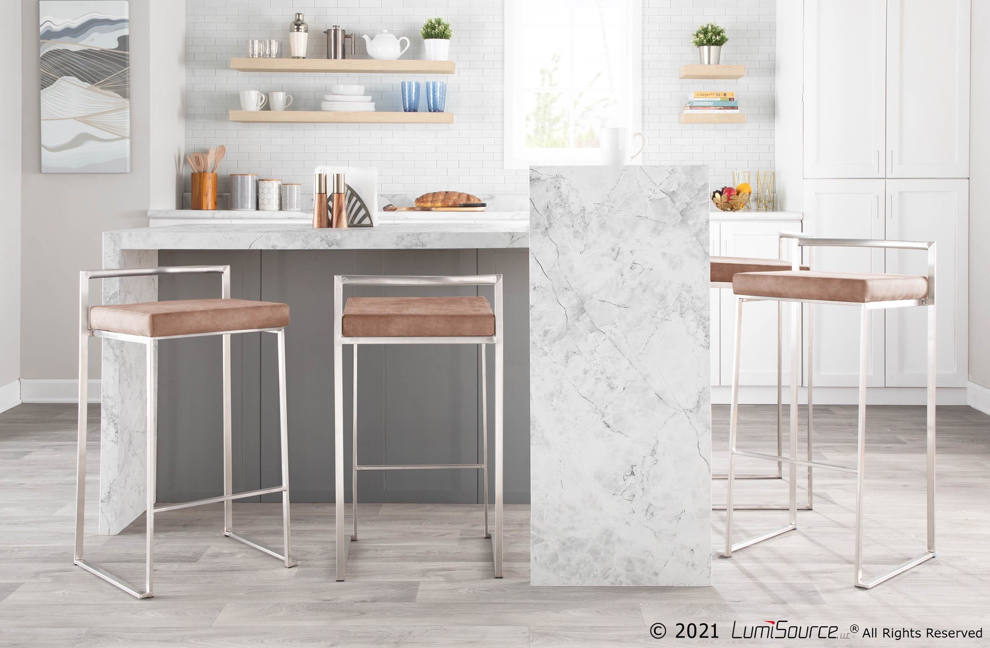 Fuji Stainless Steel Brown Cowboy Fabric Contemporary Barstools (Set of 2) 2 Fuji Stainless Steel Brown Cowboy Fabric Contemporary Barstools (Set of 2) - Image 2