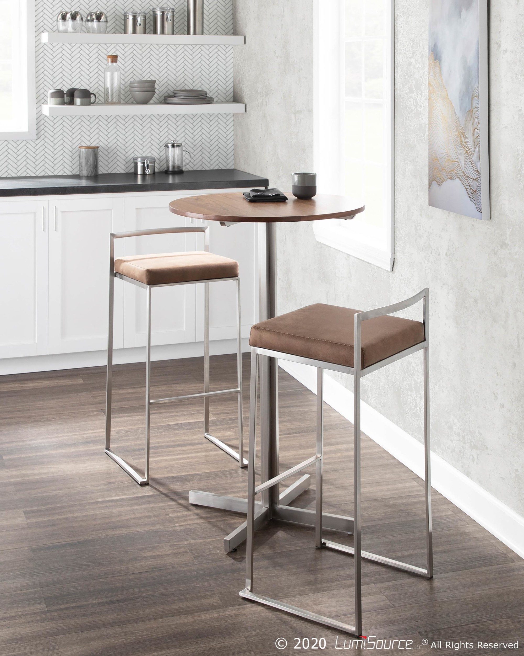 Fuji Stainless Steel Brown Cowboy Fabric Contemporary Barstools (Set of 2) 4 Fuji Stainless Steel Brown Cowboy Fabric Contemporary Barstools (Set of 2) - Image 4