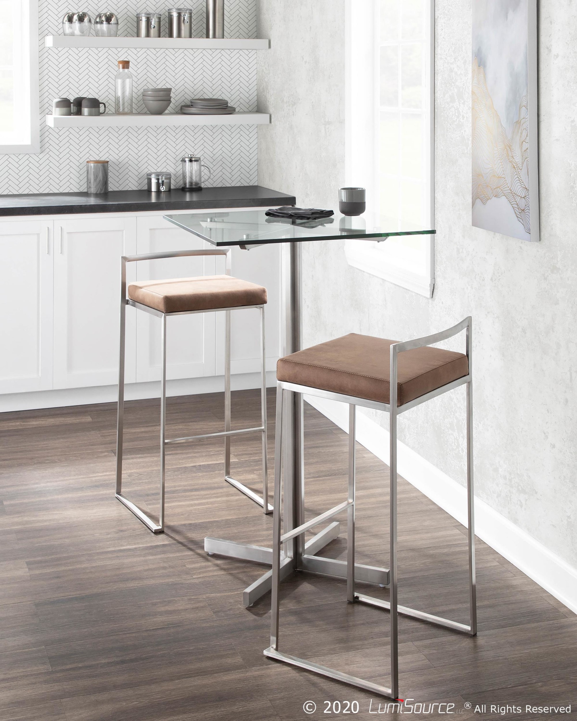 Fuji Stainless Steel Brown Cowboy Fabric Contemporary Barstools (Set of 2) 5 Fuji Stainless Steel Brown Cowboy Fabric Contemporary Barstools (Set of 2) - Image 5