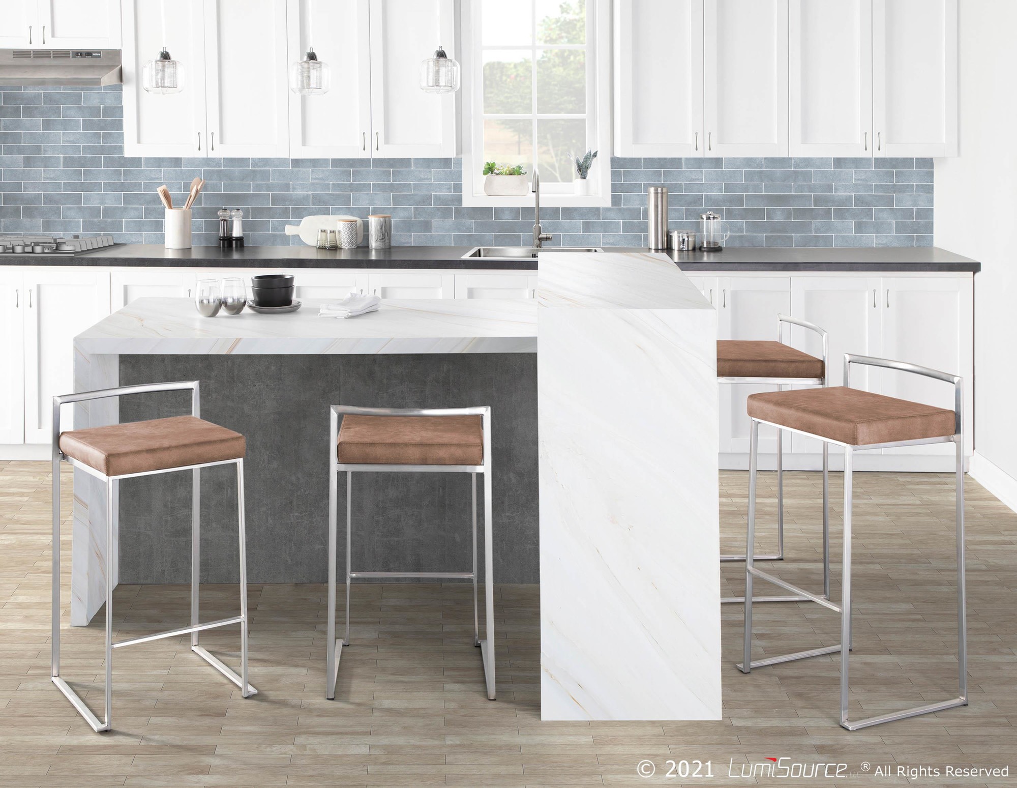 Fuji Stainless Steel Brown Cowboy Fabric Contemporary Barstools (Set of 2) 1 Fuji Stainless Steel Brown Cowboy Fabric Contemporary Barstools (Set of 2)