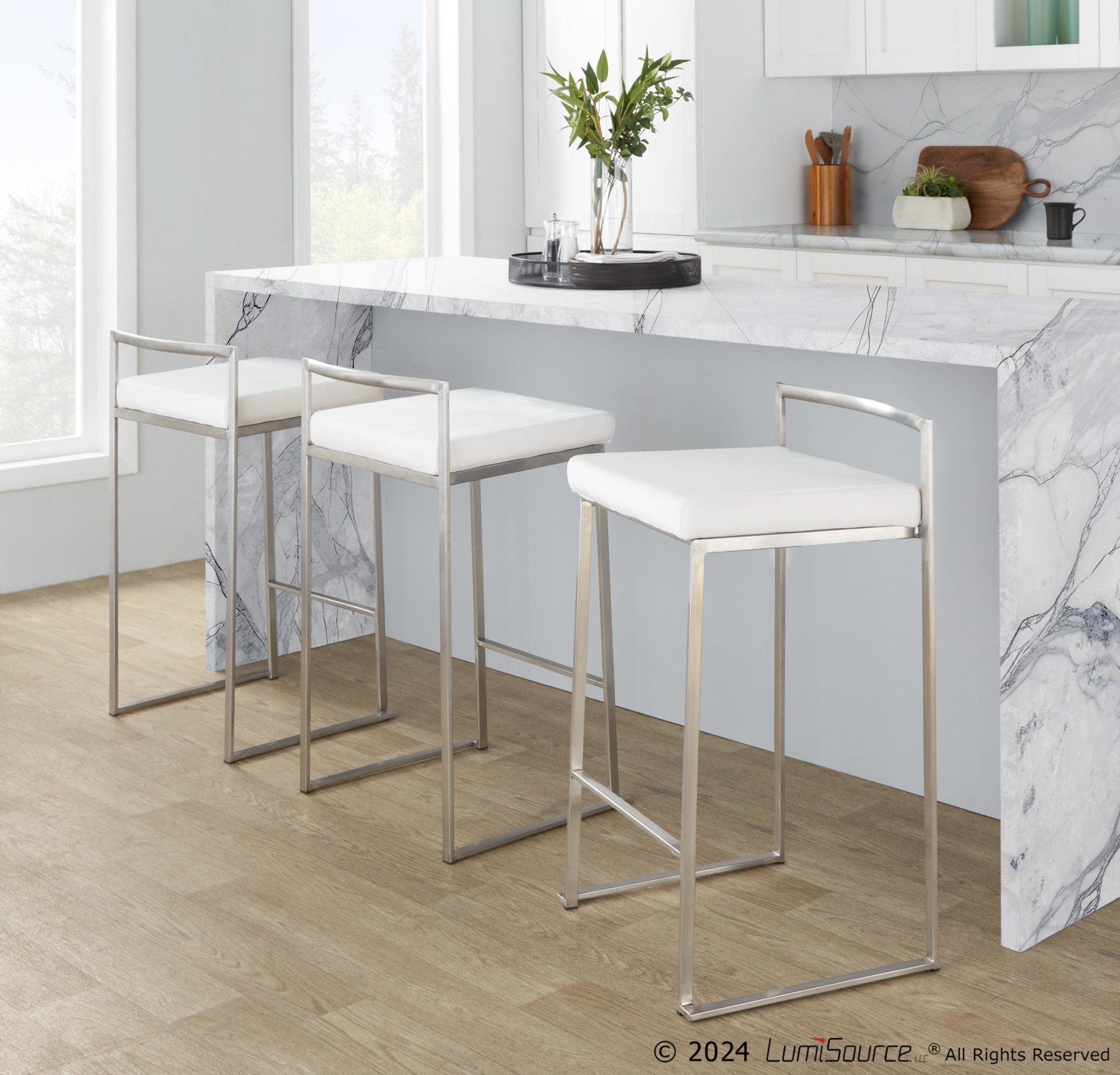 Fuji Stainless Steel White Velvet Contemporary Counter Stools (Set of 2) 6 Fuji Stainless Steel White Velvet Contemporary Counter Stools (Set of 2) - Image 6