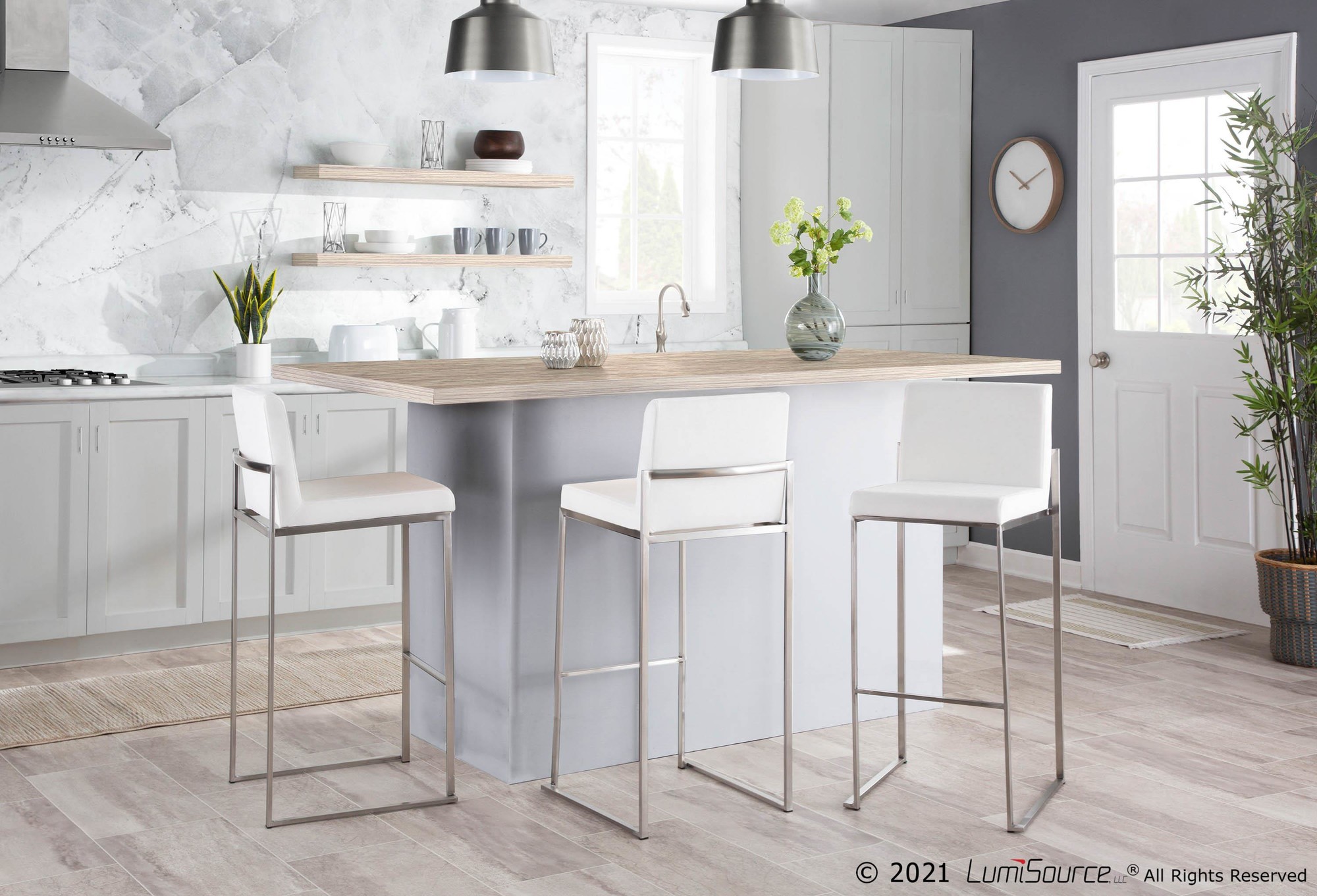 Fuji Stainless Steel White Velvet Contemporary High Back Barstool (Set of 2) 1 Fuji Stainless Steel White Velvet Contemporary High Back Barstool (Set of 2)