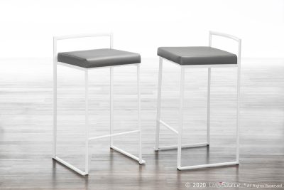 Fuji White Contemporary Grey Faux Leather Counter Stools (Set of 2)
