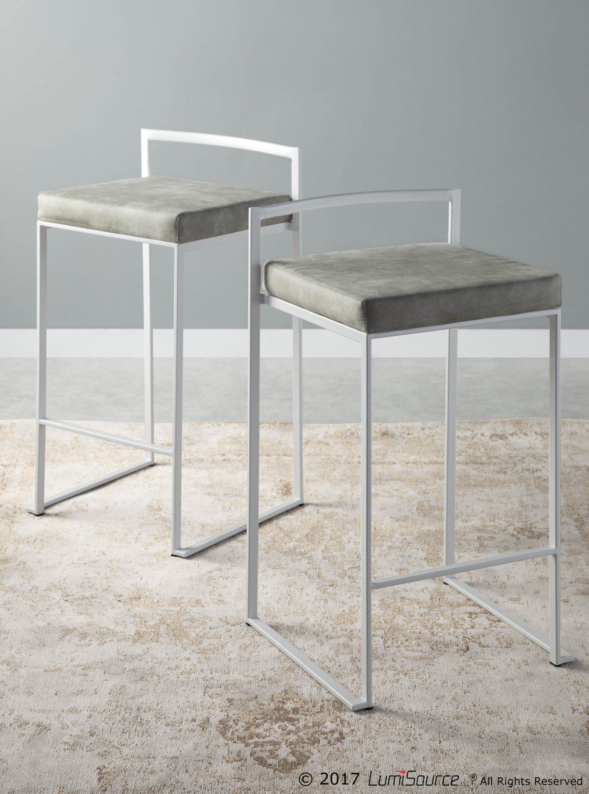 Fuji White Contemporary Stackable Counter Stool Light Grey Fabric (Set of 2) 2 Fuji White Contemporary Stackable Counter Stool Light Grey Fabric (Set of 2) - Image 2