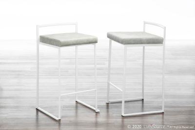 Fuji White Contemporary Stackable Counter Stool Light Grey Fabric (Set of 2)