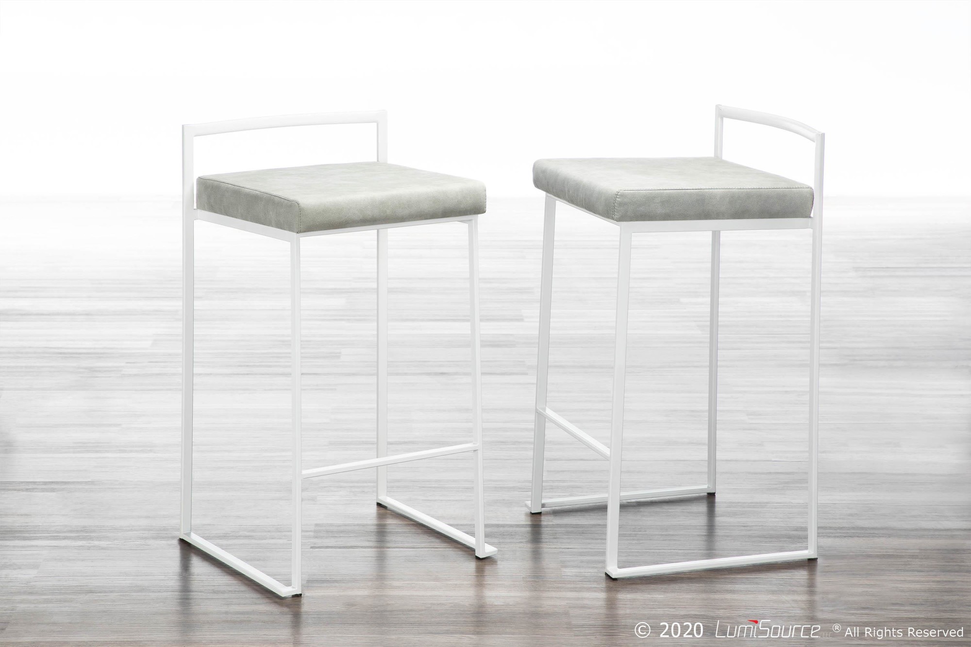 Fuji White Contemporary Stackable Counter Stool Light Grey Fabric (Set of 2) 1 Fuji White Contemporary Stackable Counter Stool Light Grey Fabric (Set of 2)