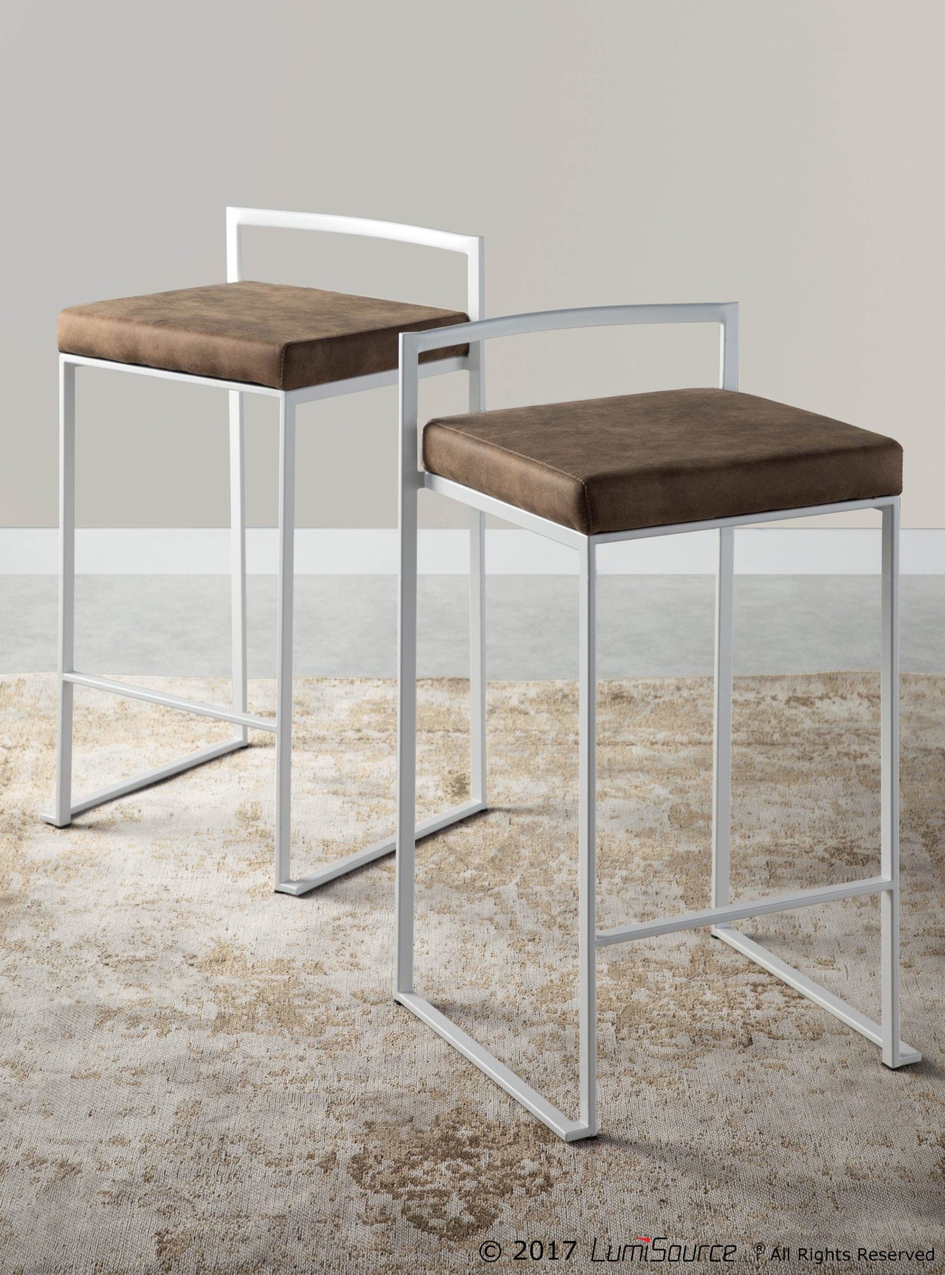 Fuji White Contemporary Stackable Counter Stools Brown Cowboy Fabric (Set of 2) 2 Fuji White Contemporary Stackable Counter Stools Brown Cowboy Fabric (Set of 2) - Image 2