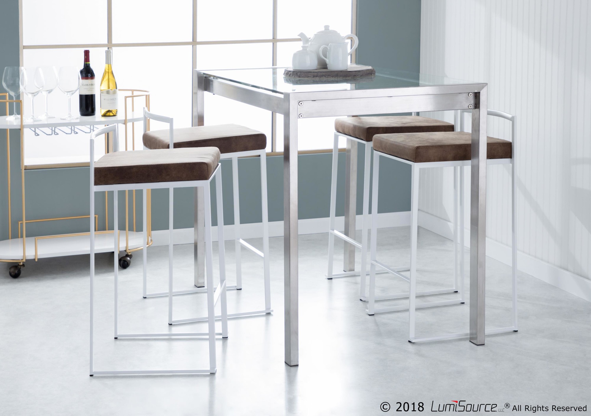 Fuji White Contemporary Stackable Counter Stools Brown Cowboy Fabric (Set of 2) 3 Fuji White Contemporary Stackable Counter Stools Brown Cowboy Fabric (Set of 2) - Image 3