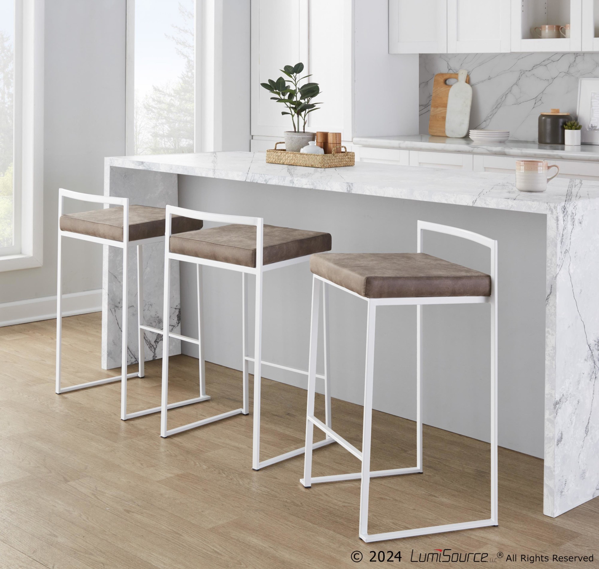 Fuji White Contemporary Stackable Counter Stools Brown Cowboy Fabric (Set of 2) 4 Fuji White Contemporary Stackable Counter Stools Brown Cowboy Fabric (Set of 2) - Image 4