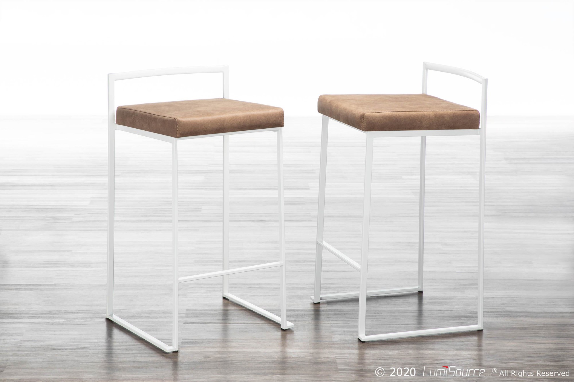 Fuji White Contemporary Stackable Counter Stools Brown Cowboy Fabric (Set of 2) 1 Fuji White Contemporary Stackable Counter Stools Brown Cowboy Fabric (Set of 2)