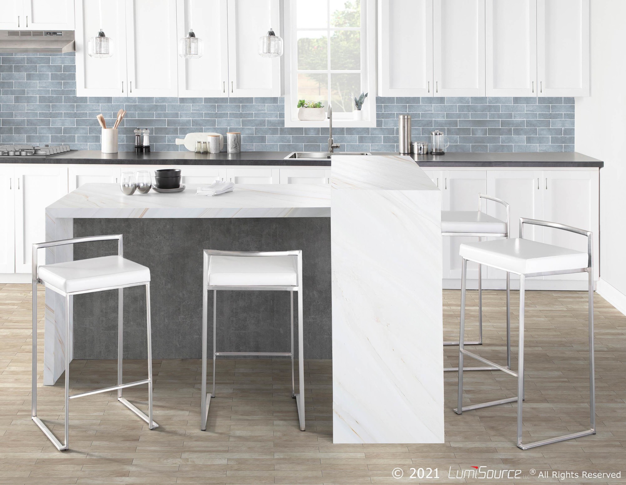 Fuji White Faux Leather Contemporary Stackable Counter Stools (Set of 2) 2 Fuji White Faux Leather Contemporary Stackable Counter Stools (Set of 2) - Image 2