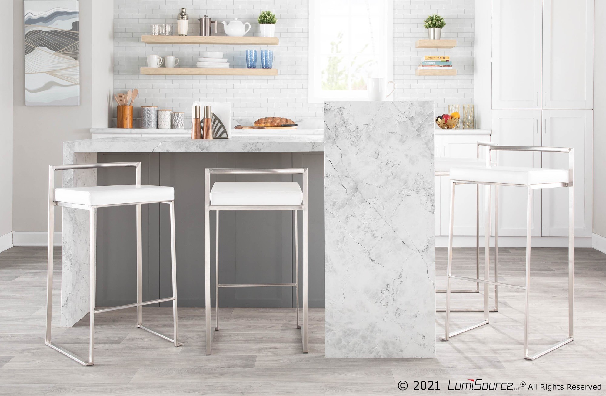 Fuji White Faux Leather Contemporary Stackable Counter Stools (Set of 2) 1 Fuji White Faux Leather Contemporary Stackable Counter Stools (Set of 2)