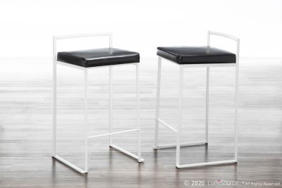 Fuji White Stackable Contemporary Counter Stools Black Faux Leather (Set of 2)