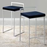 Fuji White Stackable Counter Stool Blue Velvet Contemporary (Set of 2)