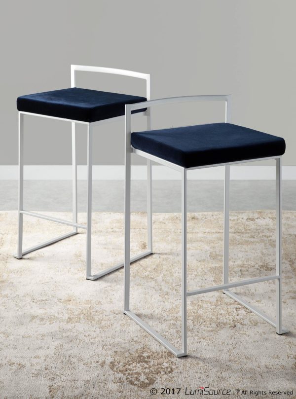 Fuji White Stackable Counter Stool Blue Velvet Contemporary Set of 2 1