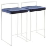 Fuji White Stackable Counter Stool Blue Velvet Contemporary (Set of 2)