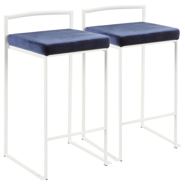 Fuji White Stackable Counter Stool Blue Velvet Contemporary Set of 2 3
