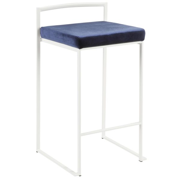 Fuji White Stackable Counter Stool Blue Velvet Contemporary Set of 2 4