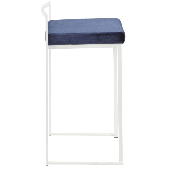 Fuji White Stackable Counter Stool Blue Velvet Contemporary Set of 2 5