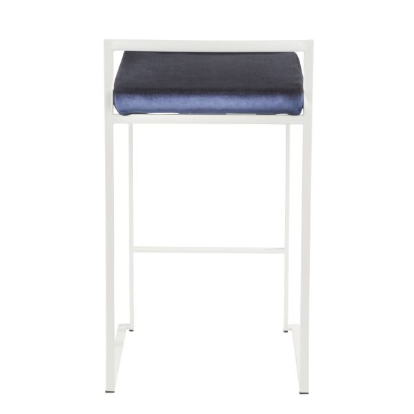 Fuji White Stackable Counter Stool Blue Velvet Contemporary Set of 2 7