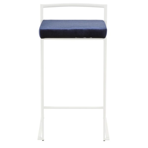Fuji White Stackable Counter Stool Blue Velvet Contemporary Set of 2 8