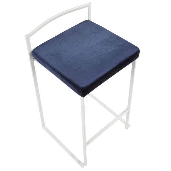 Fuji White Stackable Counter Stool Blue Velvet Contemporary Set of 2 9