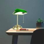 Green Glass Shade Brass Bankers Lamp with Adjustable Rotary Switch