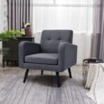 Mid-Century Modern Grey Linen Accent Chair with Wooden Legs 5 Mid-Century Modern Grey Linen Accent Chair with Wooden Legs