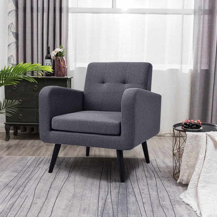 Mid-Century Modern Grey Linen Accent Chair with Wooden Legs 2 Mid-Century Modern Grey Linen Accent Chair with Wooden Legs - Image 2
