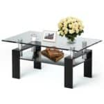 Modern Glass Coffee Table with Black Metal Legs and Storage