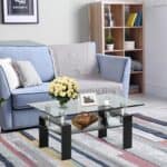 Modern Glass Coffee Table with Black Metal Legs and Storage