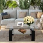 Modern Glass Coffee Table with Black Metal Legs and Storage