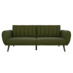 Green Linen Futon Sofa Bed with Mid-Century Wooden Legs