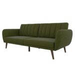 Green Linen Futon Sofa Bed with Mid-Century Wooden Legs