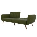 Green Linen Futon Sofa Bed with Mid-Century Wooden Legs