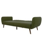 Green Linen Futon Sofa Bed with Mid-Century Wooden Legs