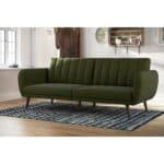 Green Linen Futon Sofa Bed with Mid-Century Wooden Legs
