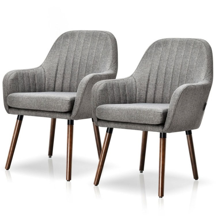 Retro Grey Linen Accent Chairs with Wood Legs (Set of 2) 1 Retro Grey Linen Accent Chairs with Wood Legs (Set of 2)
