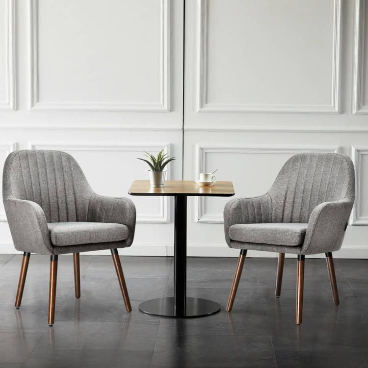 Retro Grey Linen Accent Chairs with Wood Legs (Set of 2) 2 Retro Grey Linen Accent Chairs with Wood Legs (Set of 2) - Image 2