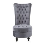 Gray Velvet Tufted High Back Accent Chair with Wooden Legs 7 Gray Velvet Tufted High Back Accent Chair with Wooden Legs