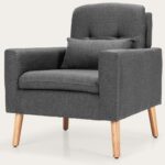 Mid-Century Modern Grey Linen Accent Chair with Pillow