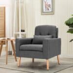Mid-Century Modern Grey Linen Accent Chair with Pillow