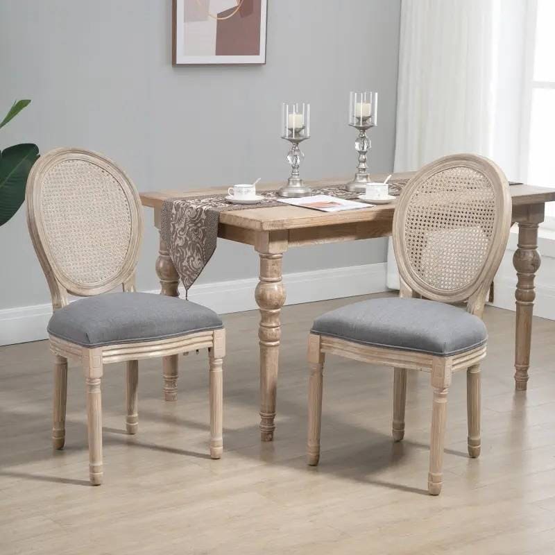 Vintage Upholstered Armless Rattan Back Dining Chairs Grey Wash (Set of 2) 2 Vintage Upholstered Armless Rattan Back Dining Chairs Grey Wash (Set of 2) - Image 2