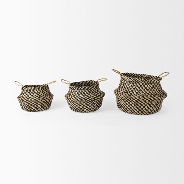 Gaia 17.7L x 17.7W x 20.5H Set of 3 Light and Dark Brown Cross Patterend Belly Seagrass Basket 1