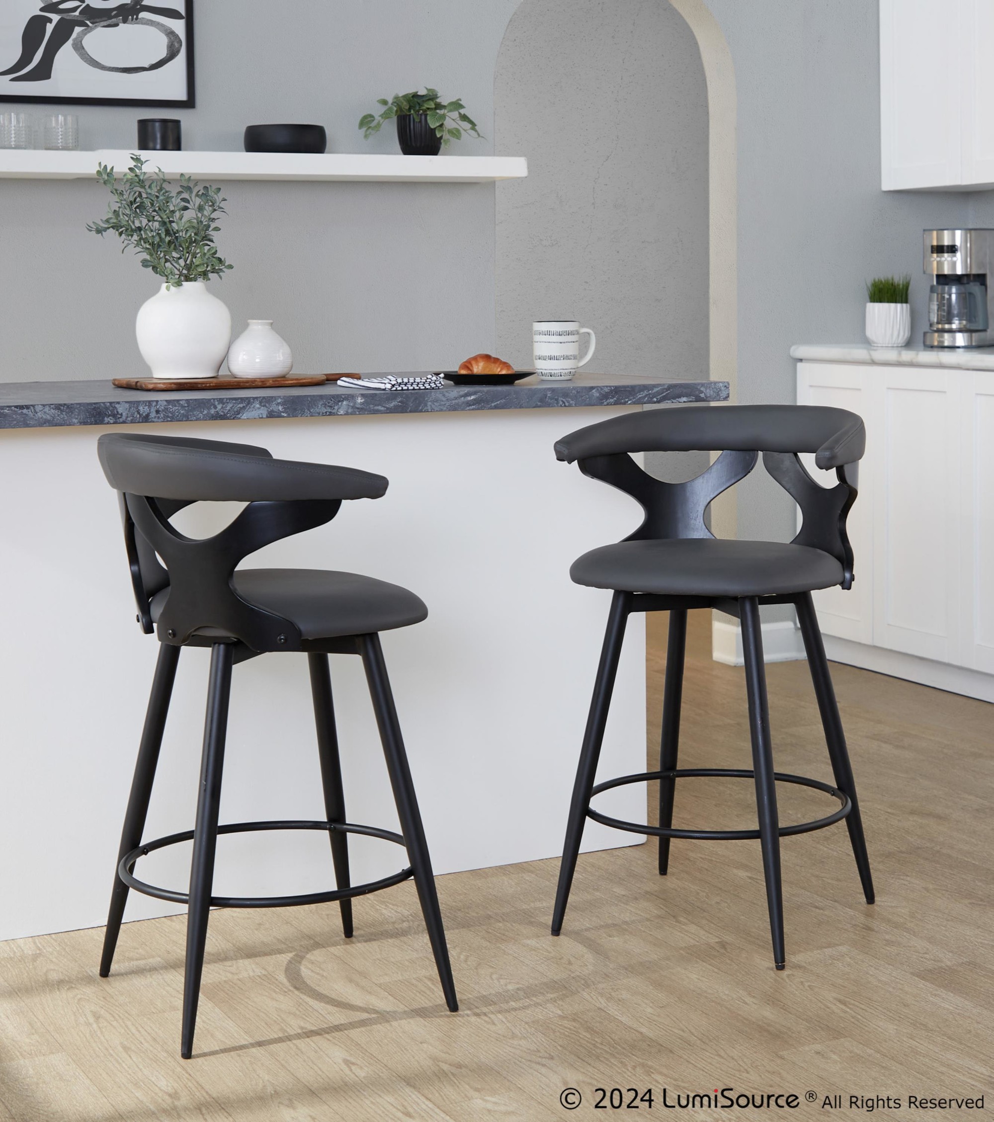 Gardenia 25-Inch Contemporary Swivel Grey Faux Leather Counter Stools (Set of 2) 2 Gardenia 25-Inch Contemporary Swivel Grey Faux Leather Counter Stools (Set of 2) - Image 2