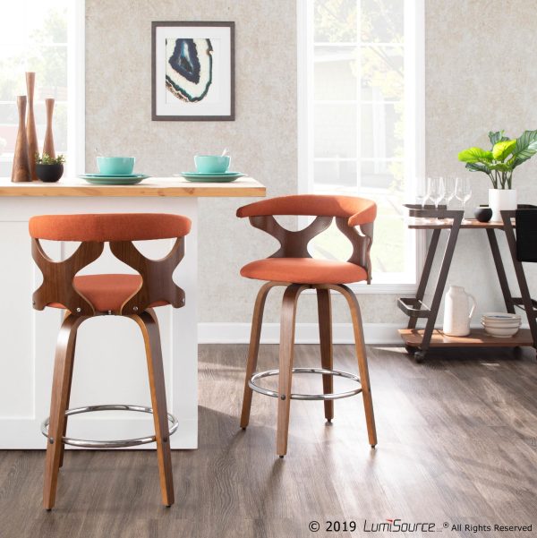 Gardenia 26 Mid Century Modern Walnut Orange Counter Stools Set of 2 1