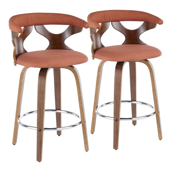 Gardenia 26 Mid Century Modern Walnut Orange Counter Stools Set of 2 2